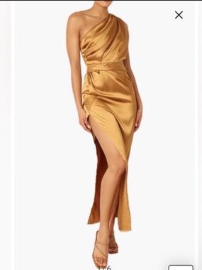 NWT- Petal & Pup Nadia One-Shoulder Satin Maxi Dress, Bronze, size 10